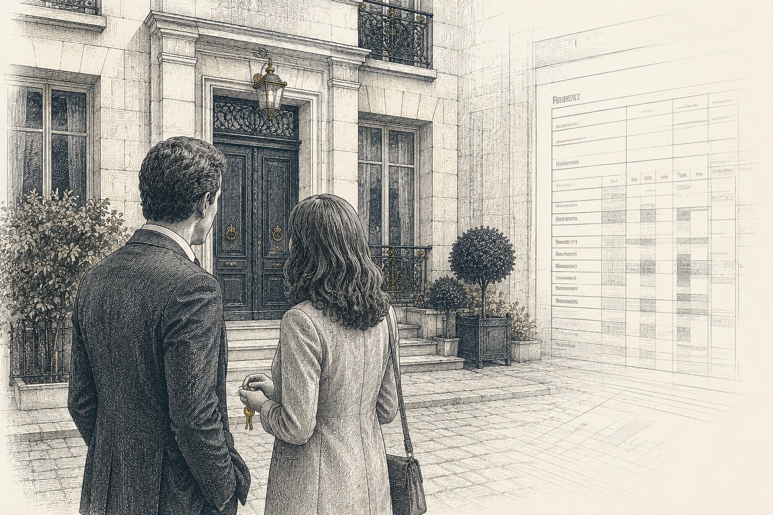Couple devant maison, illustration éditoriale
