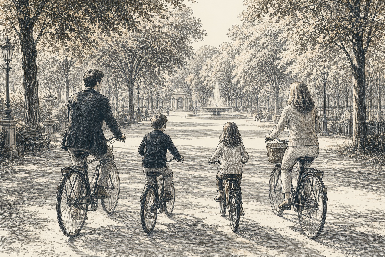 Famille à vélo dans un parc, illustration éditoriale