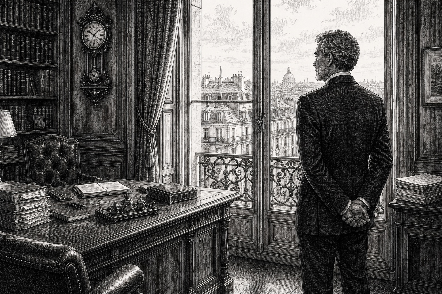 Dirigeant en réflexion sur sa retraite, illustration éditoriale